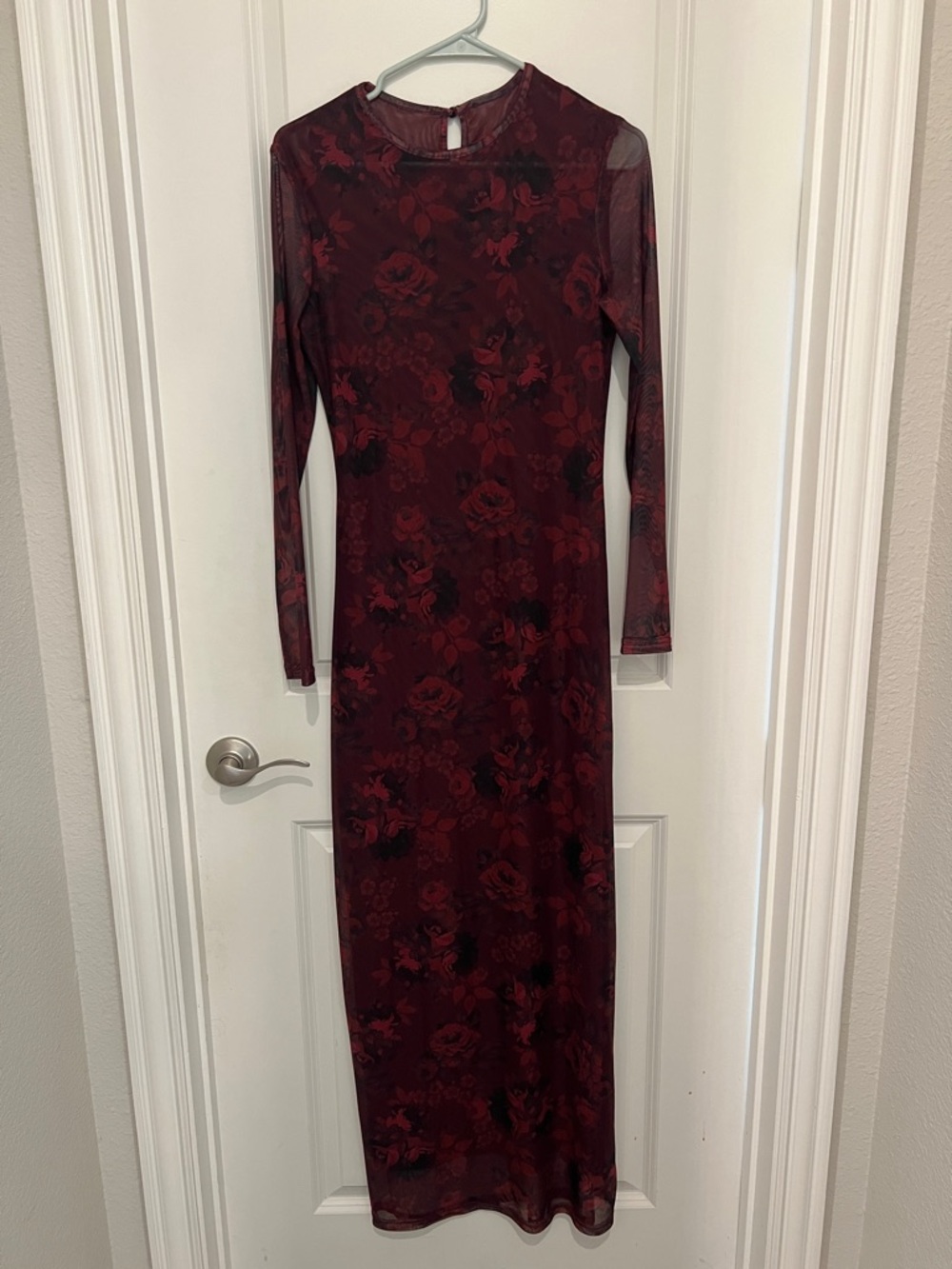 Long Sleeve Burgundy Floral Mesh Maxi Dress